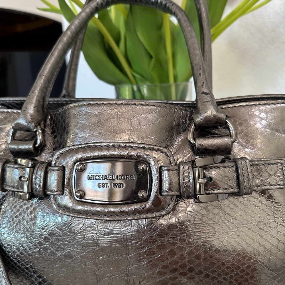 Michael Kors Faux Snakeskin Embossed Metallic Satchel - Picture 2 of 11